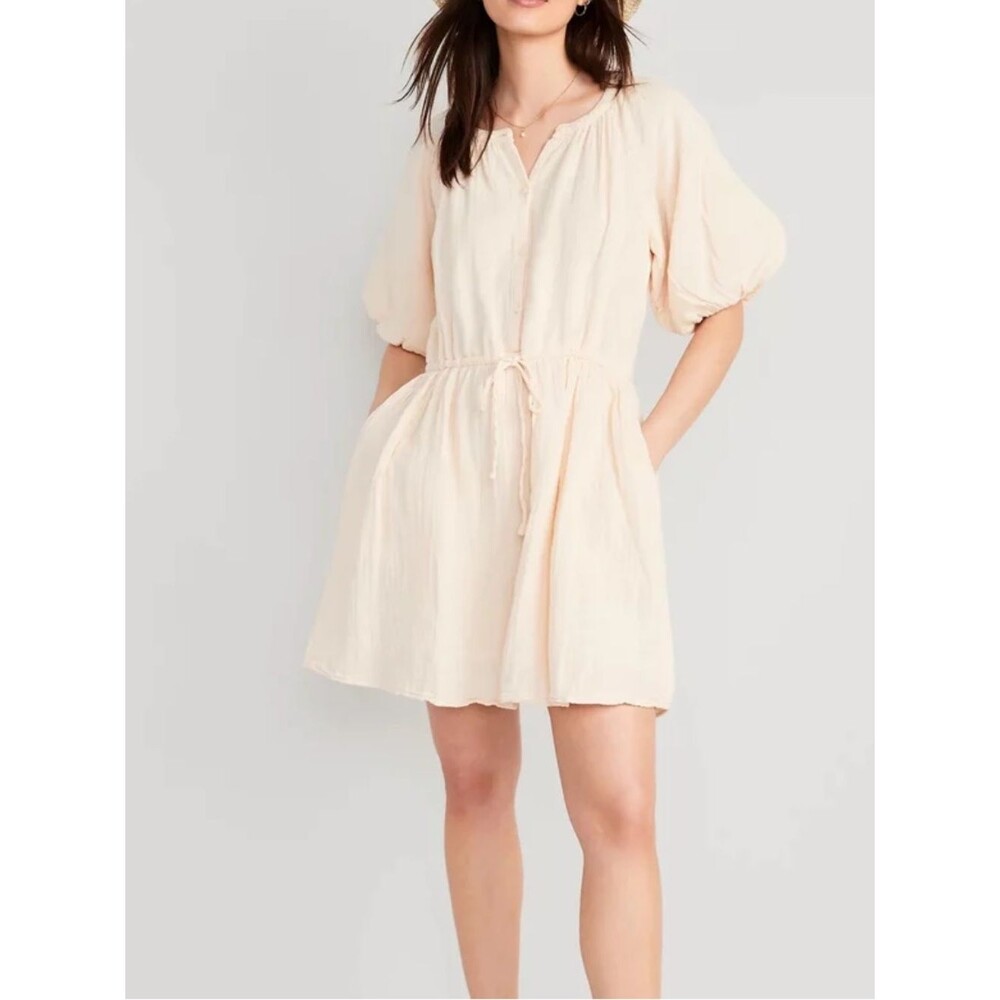 Old navy bubble sleeve gauze Relaxed Drawstring Mini Dress in Soft Cream